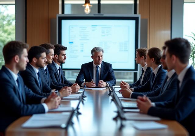 Abogados reunidos en sala de juntas discutiendo estrategia